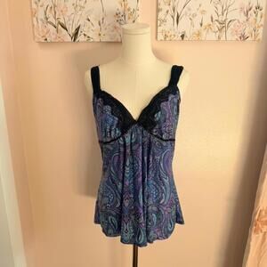 Vintage Paisley Lace Trim Cami Top – Purple & Teal (L)